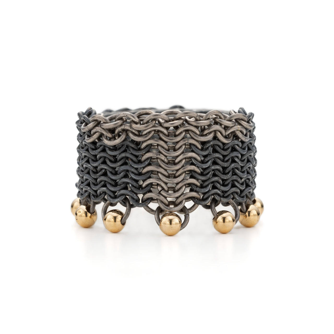 ThunderBolt || ring handmade contemporary chainmail ring handcrafted titanium, recycled oxidised silver and 18ct yellow gold chains by Corrinne Eira Evans