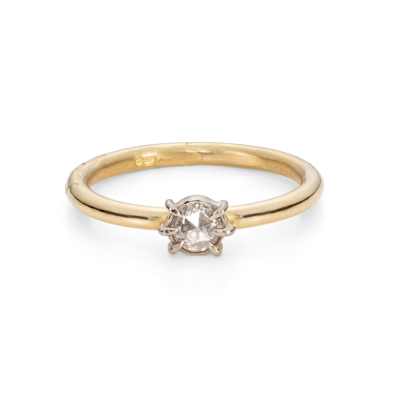 'Dartmoor' Collection Rose cut Misfit diamond claw set contemporary solitaire ring in 18ct yellow and white recycled gold Handmade jewellery by Corrinne Eira Evans