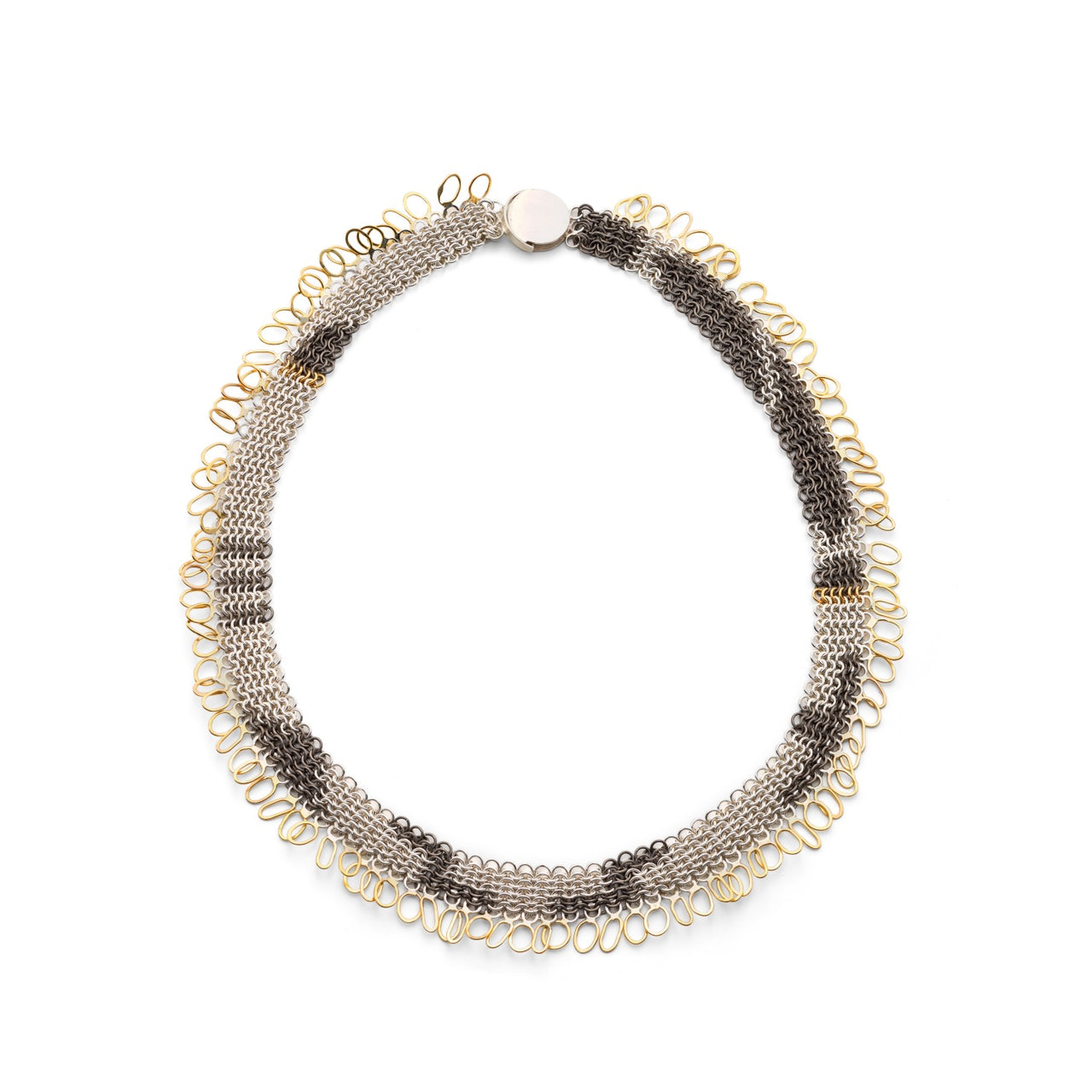 Wild Grasses Collection, handcrafted chainmail in recycled silver, 18ct yellow gold and titanium by Corrinne Eira evans chainmail necklace