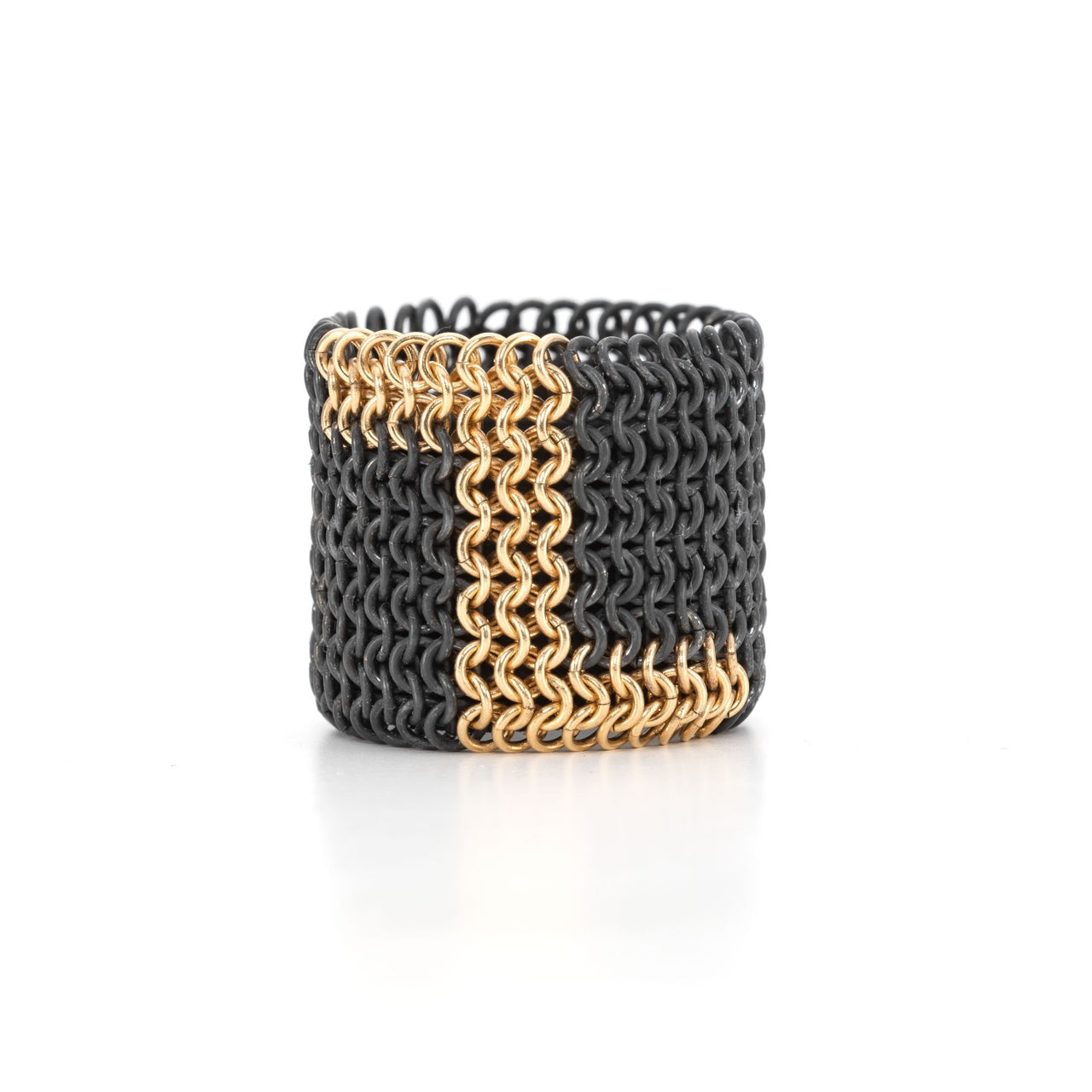 ThunderBolt wide chainmail ring 18ct yellow gold and oxidised silver Handmade jewellery by Corrinne Eira Evans