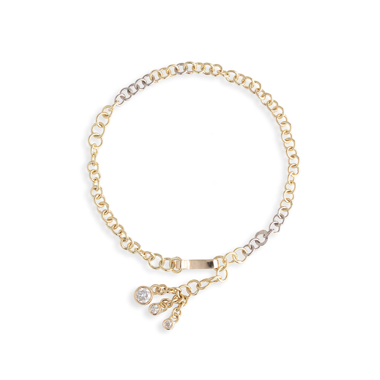 A gold chain bracelet with a sleek hook clasp and three dangling antique diamonds, displayed against a white background.