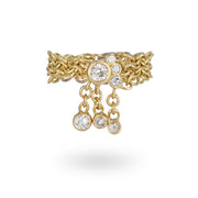 Gold yellow chainmail ring with seven diamonds various sizes three dangling diamond charms