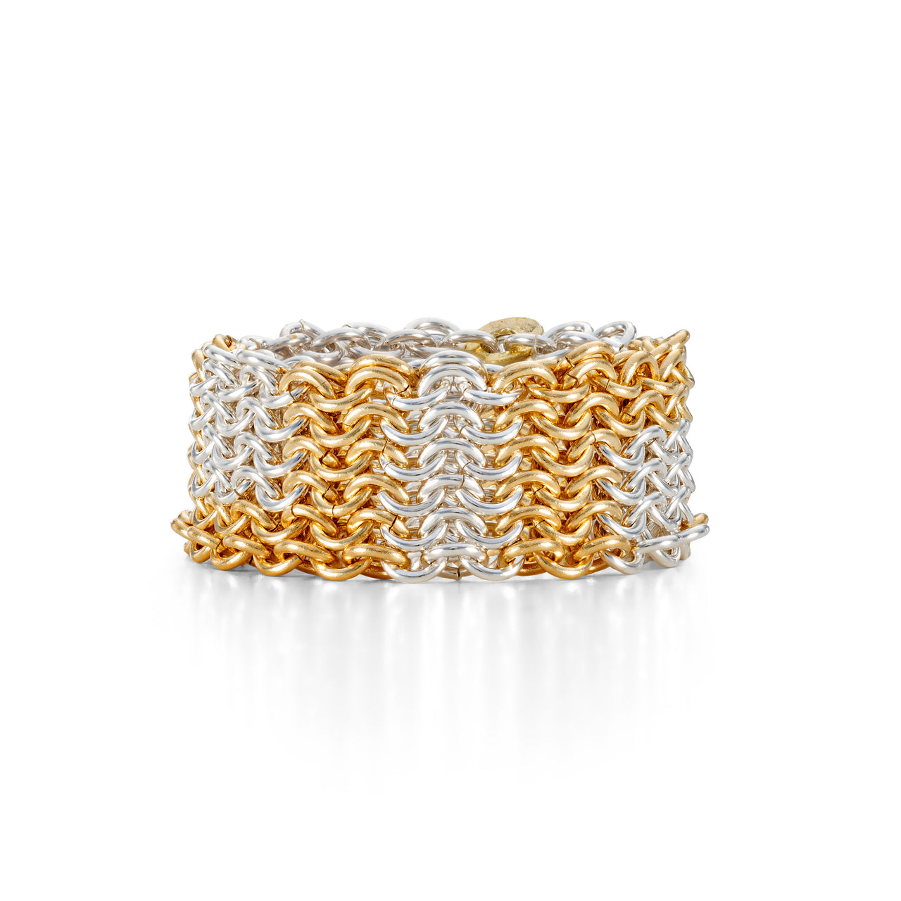 silver and 18ct yellow gold geometric pattern chainmail ring on a white background.