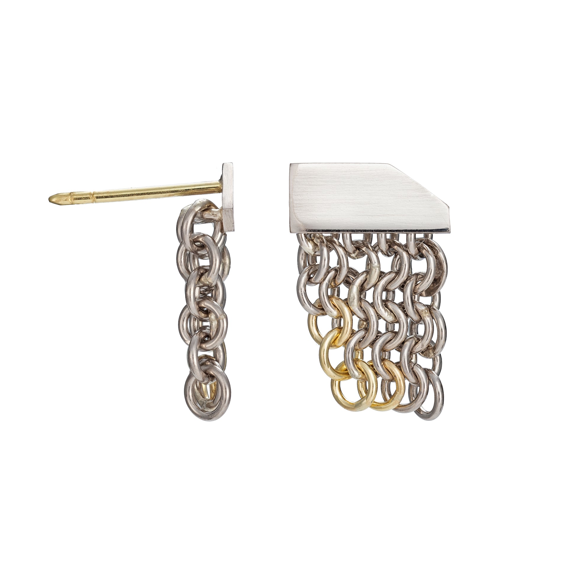 A pair of 18ct white gold stud earrings with a yellow gold edging on one corner, and posts featuring a flat bar with corner missing at the lobe with a short section of chainmail chain dangling down.