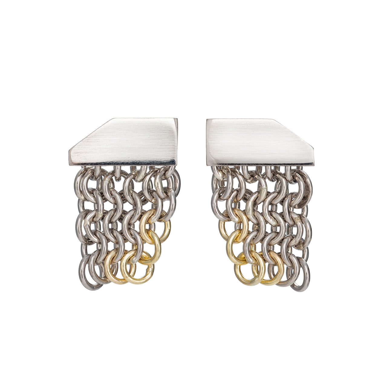 A pair of 18ct white gold stud earrings with a yellow gold edging on one corner, featuring a flat bar at the lobe with a short section of chainmail chain dangling down.