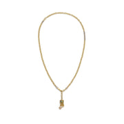Yellow gold chain necklace long in length with a sleek solid gold hook clasp. a pendant of green sapphire square with three dangling diamond charms from the bottom. Claw set sapphire. elements of white gold interspersed around long neck chain
