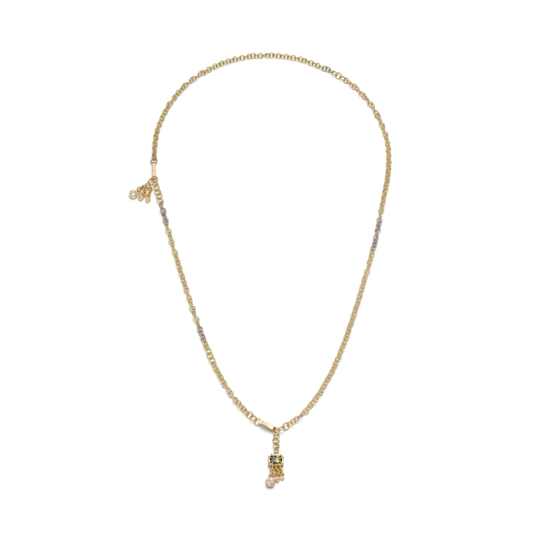 Yellow gold chain necklace with inserted yellow gold chain bracelet making a longer necklace. A green parti sapphire claw set with three diamonds pendant and three diamond charms 