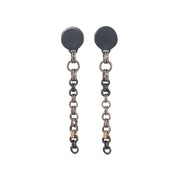 Night Moon chain stud drop earrings. Contemporary jewellery oxidised silver, 9ct yellow gold and titanium, delicate jewellery by Corrinne Eira Evans
