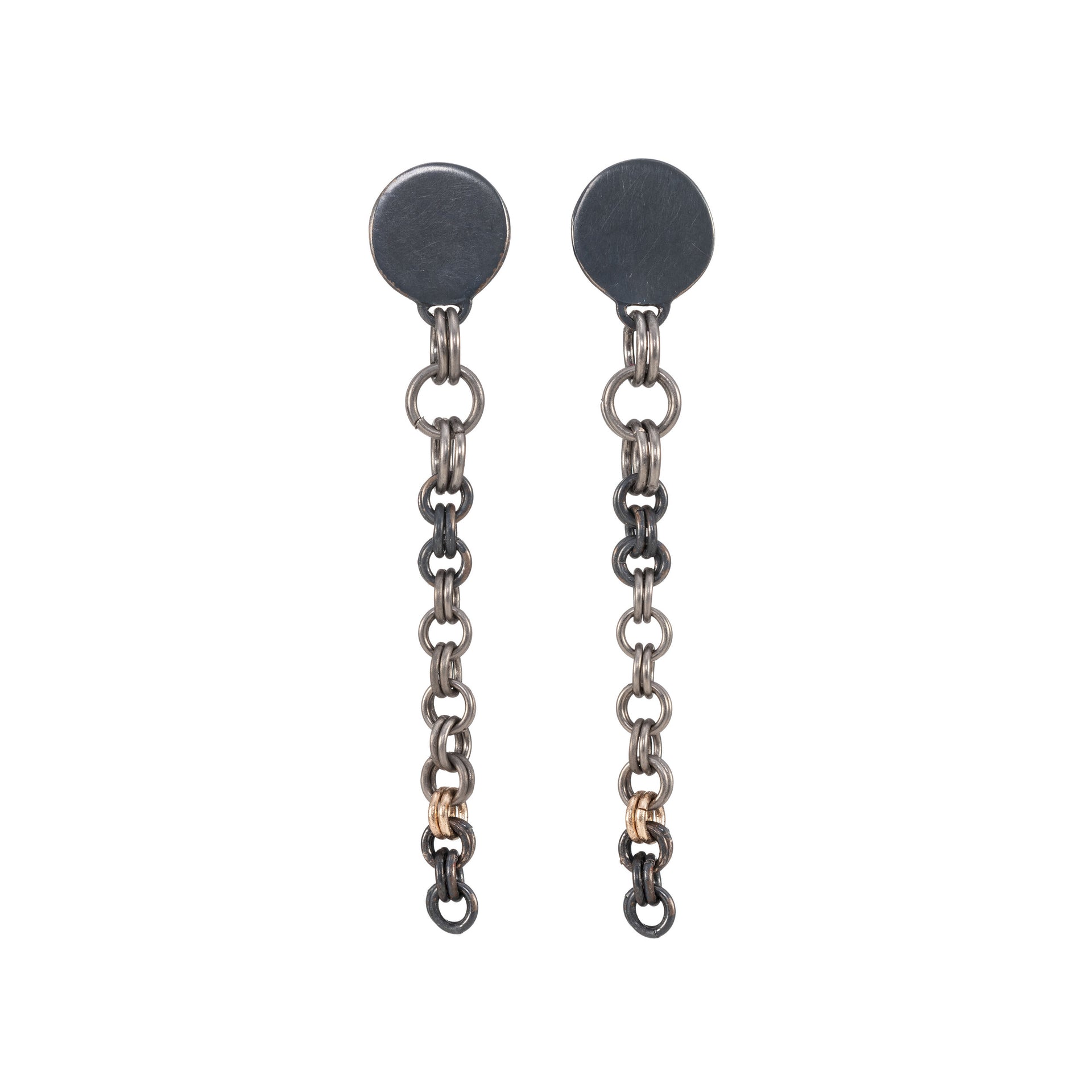 Night Moon chain stud drop earrings. Contemporary jewellery oxidised silver, 9ct yellow gold and titanium, delicate jewellery by Corrinne Eira Evans
