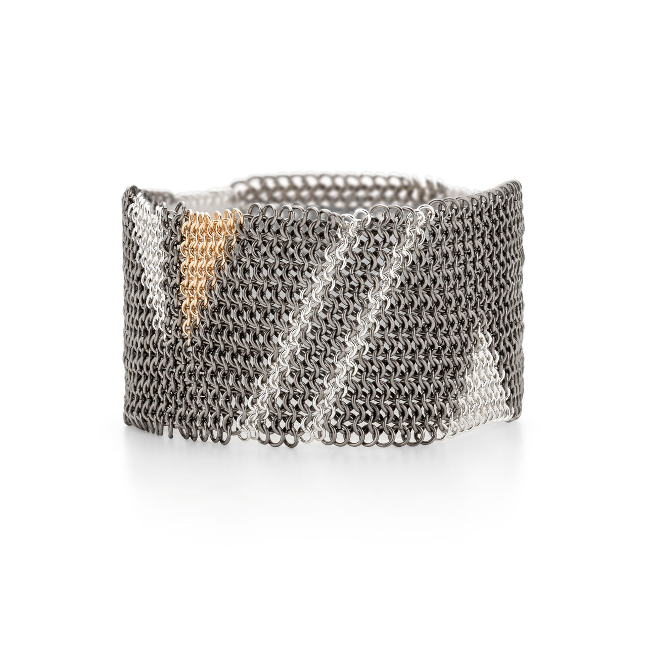 Lightning Bracelet Bangle handcrafted contemporary chainmail  jewellery titanium, 18ct recycled gold and silver geometric pattern jewelry tactile chains by Corrinne Eira Evans