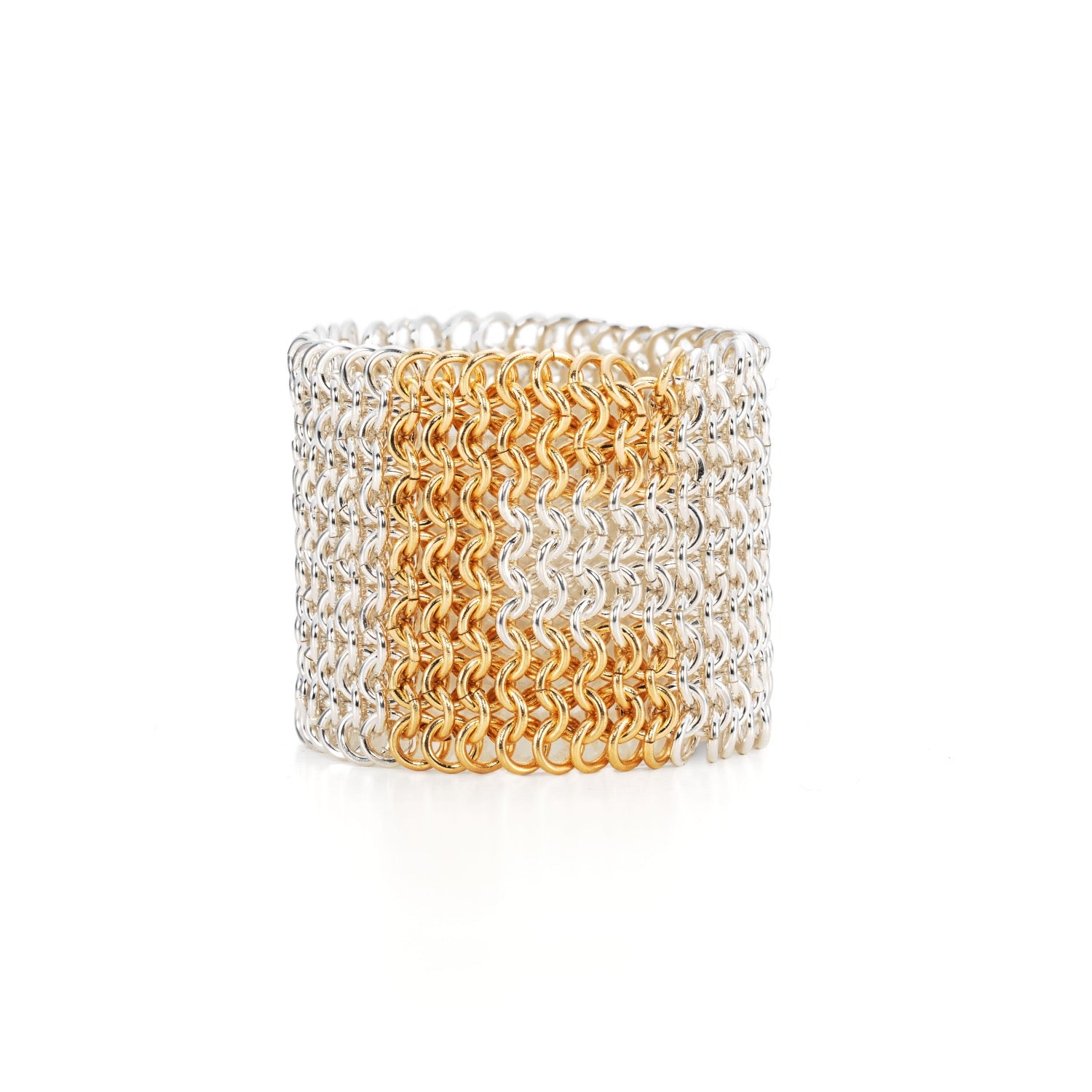 Growan chainmail handmade  ring  in recycled silver and 18ct yellow gold by Corrinne Eira Evans Contemporary Jewellery  women's chain ring mens chain ring
