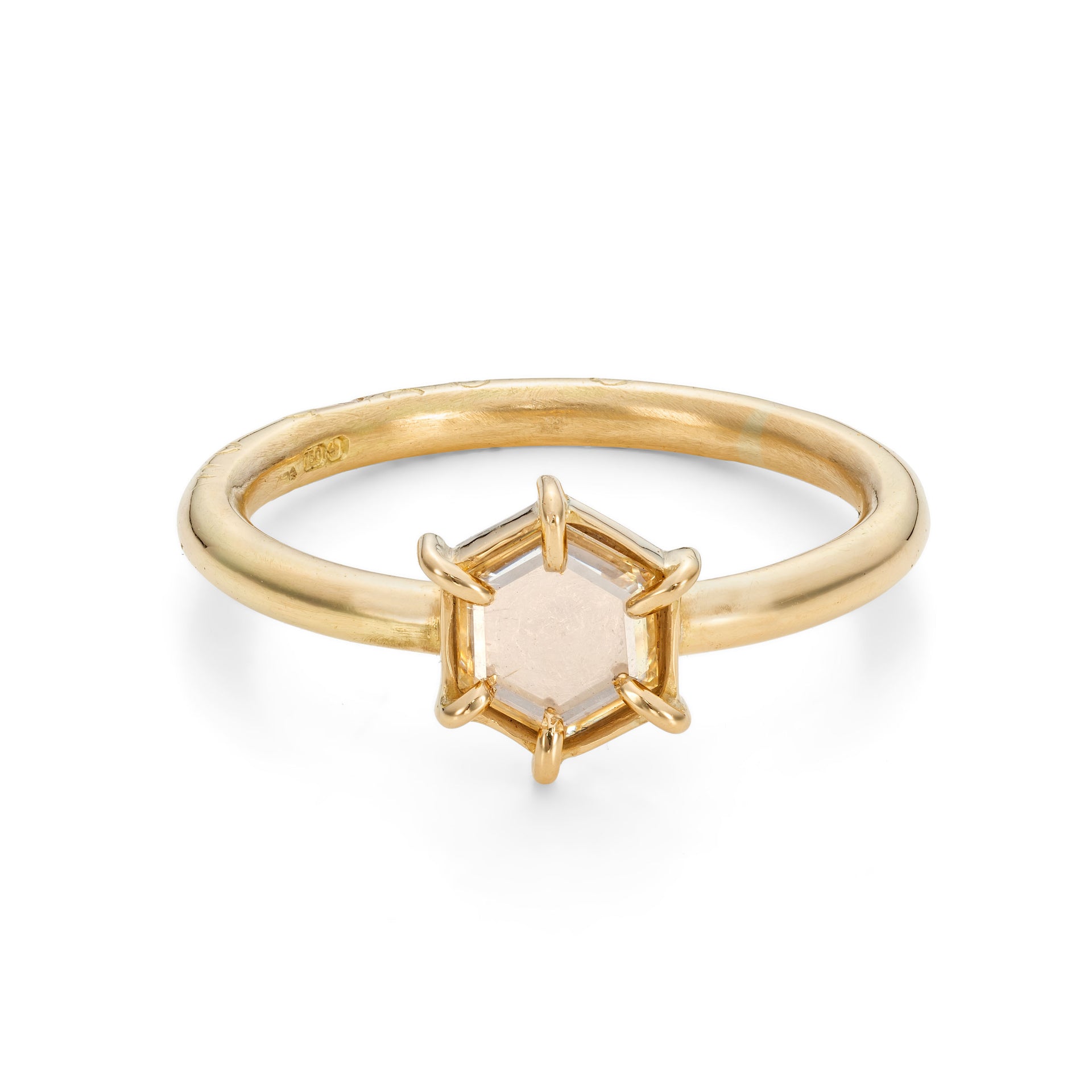 Starry Night diamond solitaire ring in 18ct recycled gold. Engagement ring one of a kind hexagon diamond ring by Corrinne Eira Evans