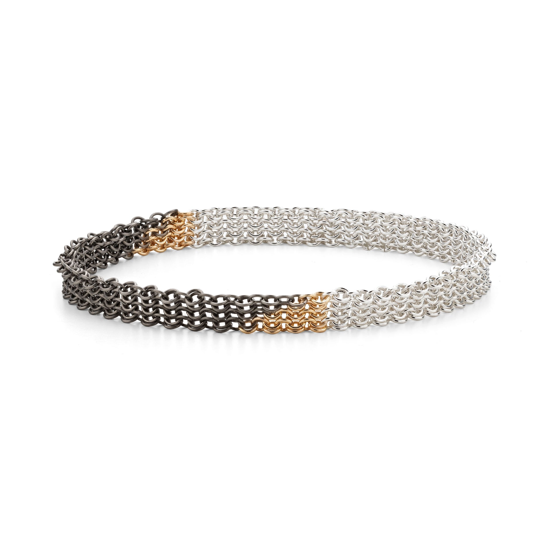 SunDial Chainmail bangle Bracelet contemporary chain jewellery titanium, recycled silver and 18ct yellow gold handmade by Corrinne Eira Evans