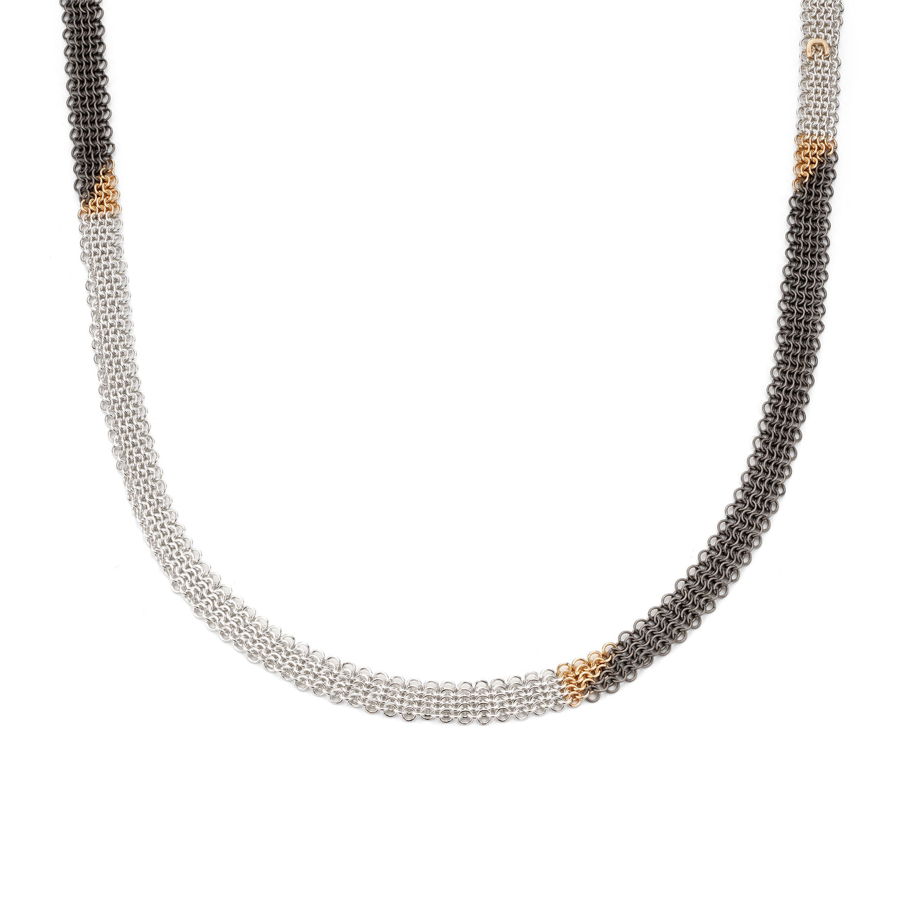 SunDial Chainmail necklace contemporary chain jewellery titanium, recycled silver and 18ct yellow gold handmade by Corrinne Eira Evans. 