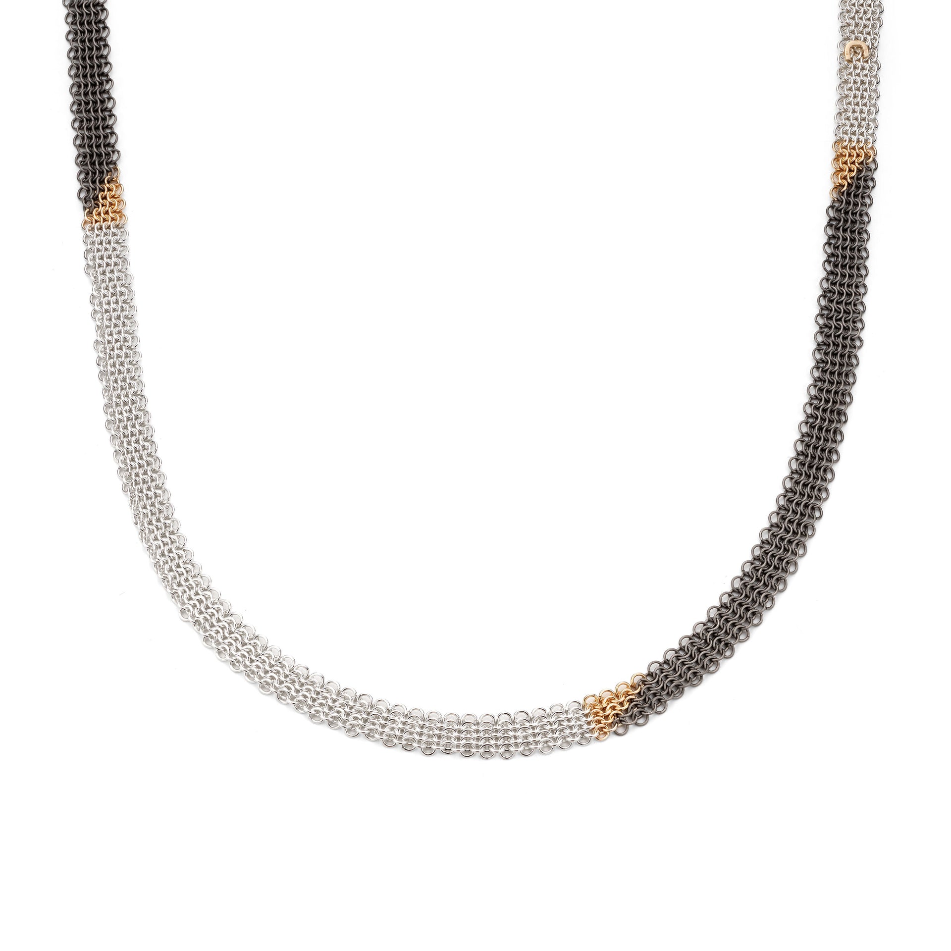 SunDial Chainmail necklace contemporary chain jewellery titanium, recycled silver and 18ct yellow gold handmade by Corrinne Eira Evans. 