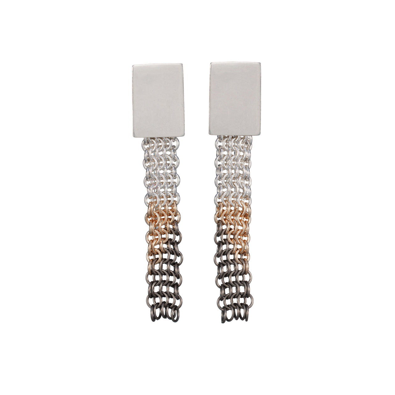 SunDial Chainmail earrings stud dangly drop contemporary chain jewellery titanium, recycled silver and 18ct yellow gold handmade by Corrinne Eira Evans. 