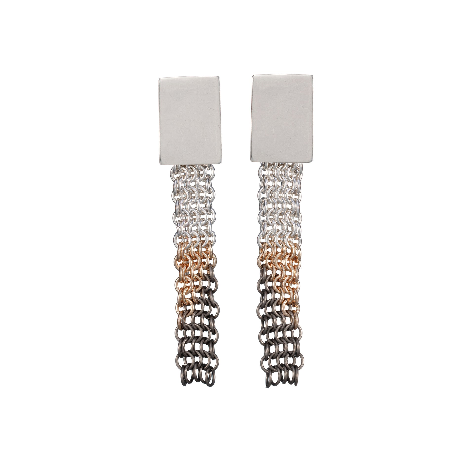 SunDial Chainmail earrings stud dangly drop contemporary chain jewellery titanium, recycled silver and 18ct yellow gold handmade by Corrinne Eira Evans. 