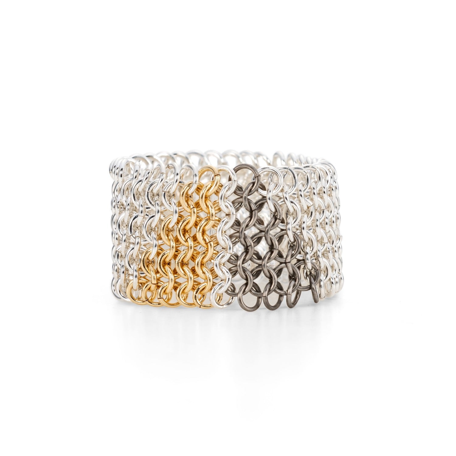 Sunlit Tor's Collection, chainmail ring silver, 18ct yellow gold and titanium handmade jewellery by Corrinne Eira Evans