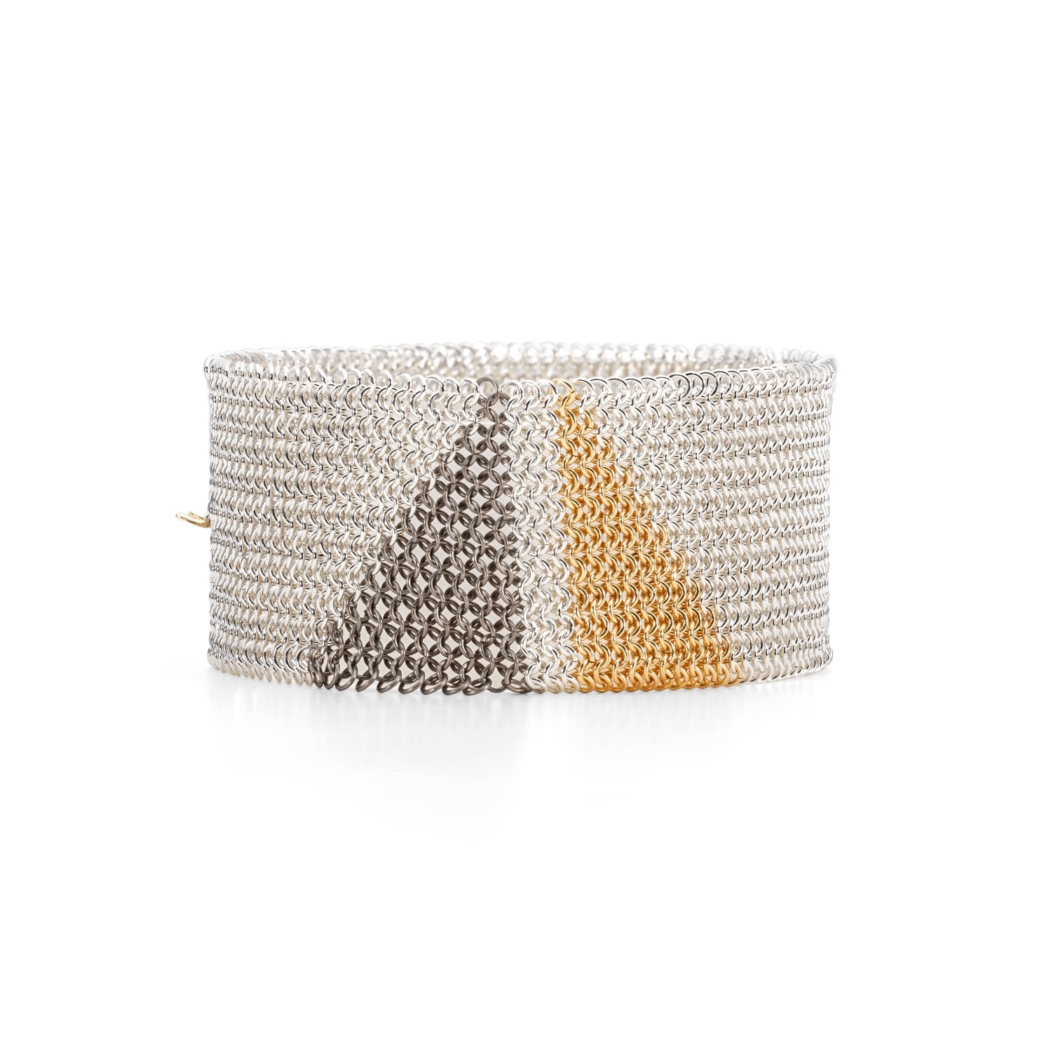 Sunlit Tor's Collection, chainmail bangle bracelet silver, 18ct yellow gold and titanium handmade jewellery by Corrinne Eira Evans