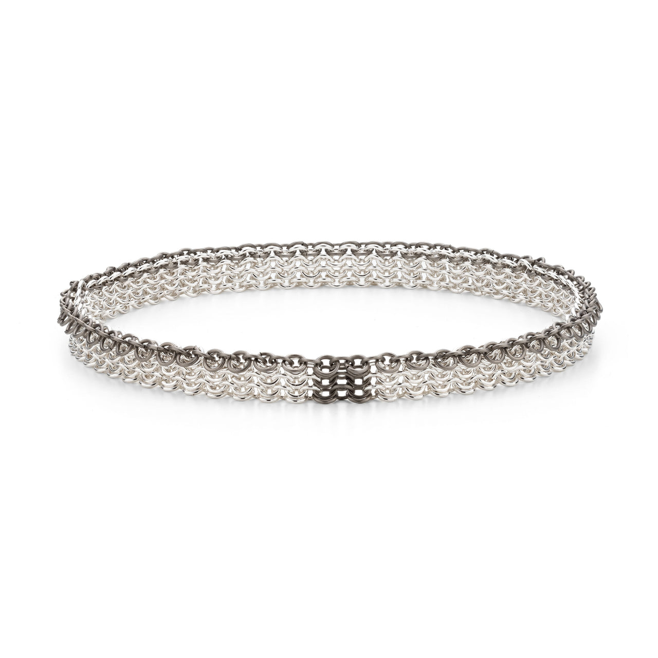 T bracelet bangle contemporary chainmail handcrafted recycled silver and titanium chains by Corrinne Eira Evans