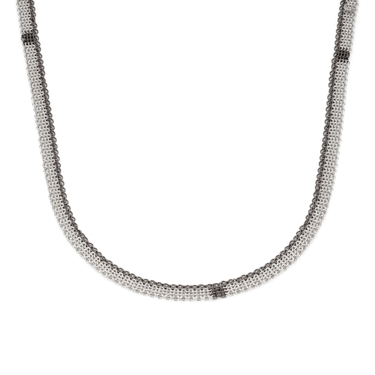 T Necklace contemporary chainmail handcrafted recycled silver and titanium chains by Corrinne Eira Evans