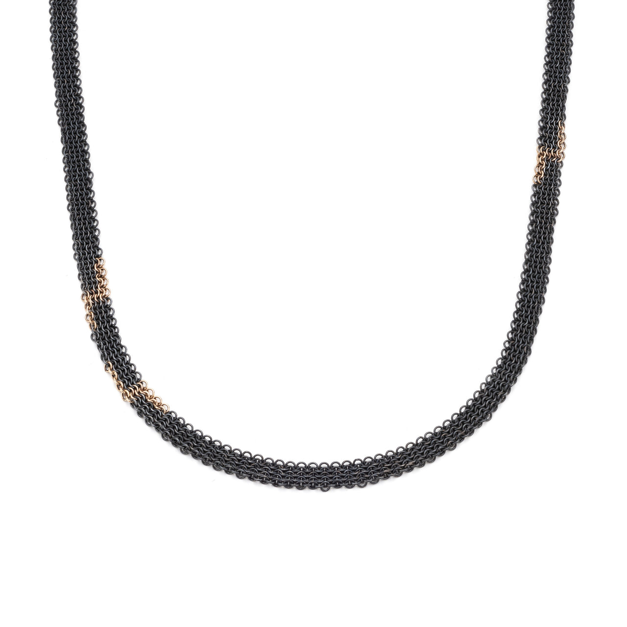 ThunderBolt necklace handmade contemporary chainmail handcrafted recycled oxidised silver and 18ct yellow gold chains by Corrinne Eira Evans