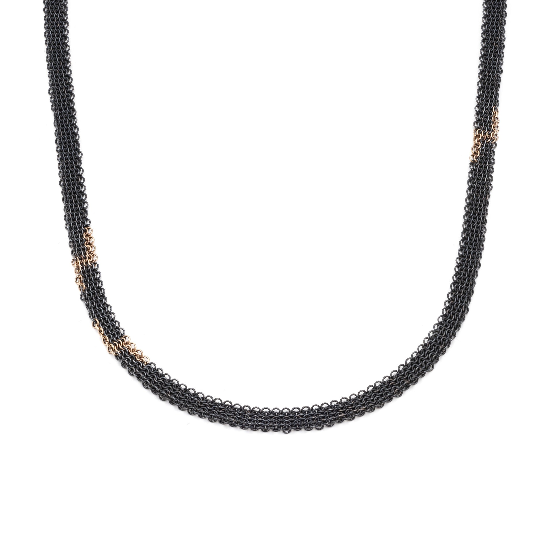 ThunderBolt necklace handmade contemporary chainmail handcrafted recycled oxidised silver and 18ct yellow gold chains by Corrinne Eira Evans