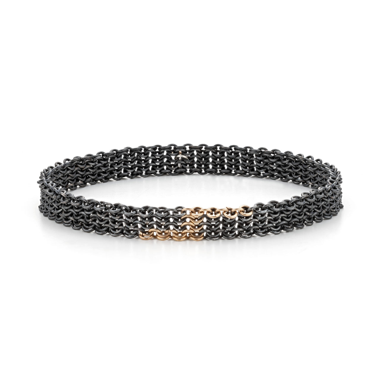 ThunderBolt bangle bracelet contemporary chainmail handcrafted recycled oxidised silver and 18ct yellow gold chains by Corrinne Eira Evans