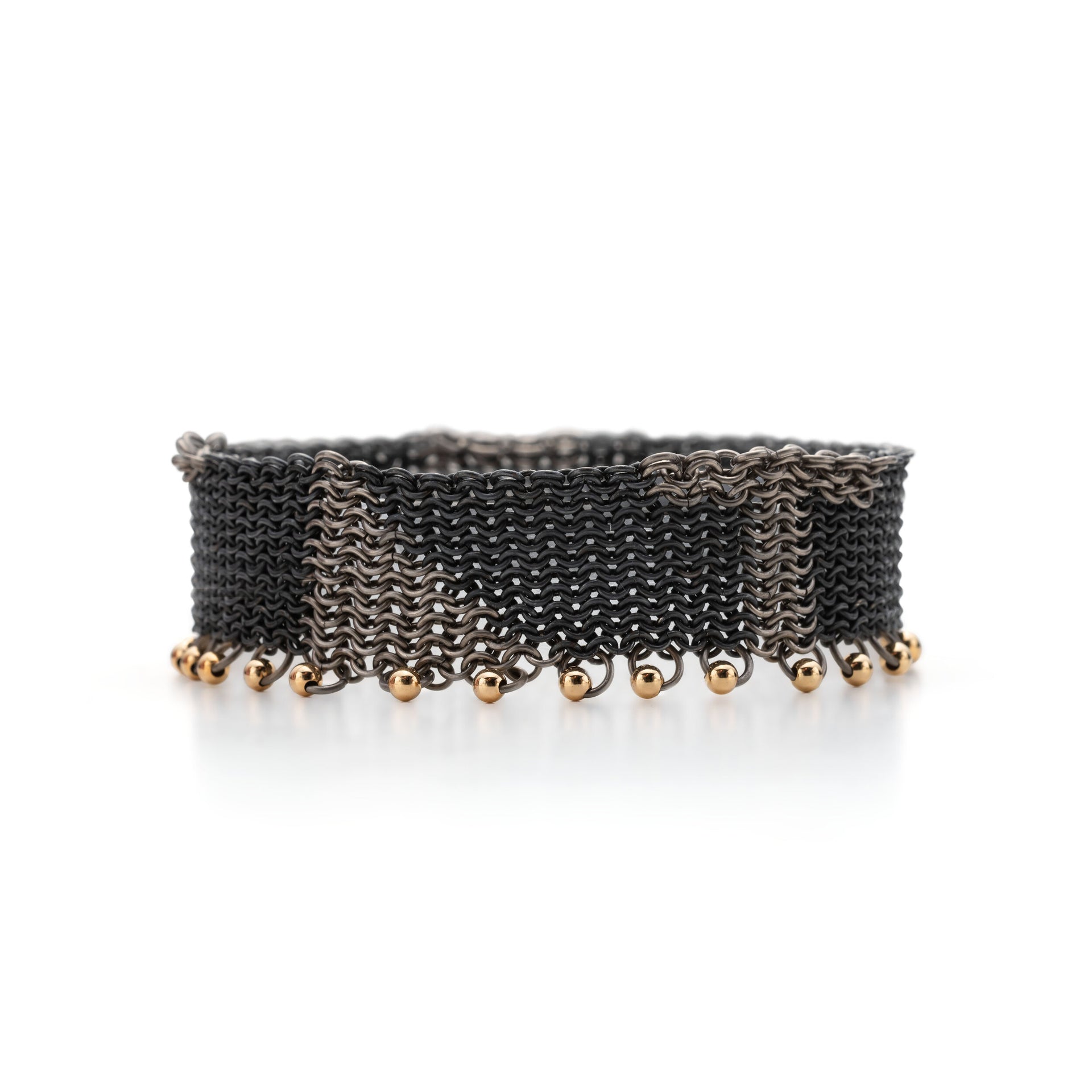 ThunderBolt || bracelet handmade contemporary chainmail bracelet bangle handcrafted titanium, recycled oxidised silver and 18ct yellow gold chains by Corrinne Eira Evans