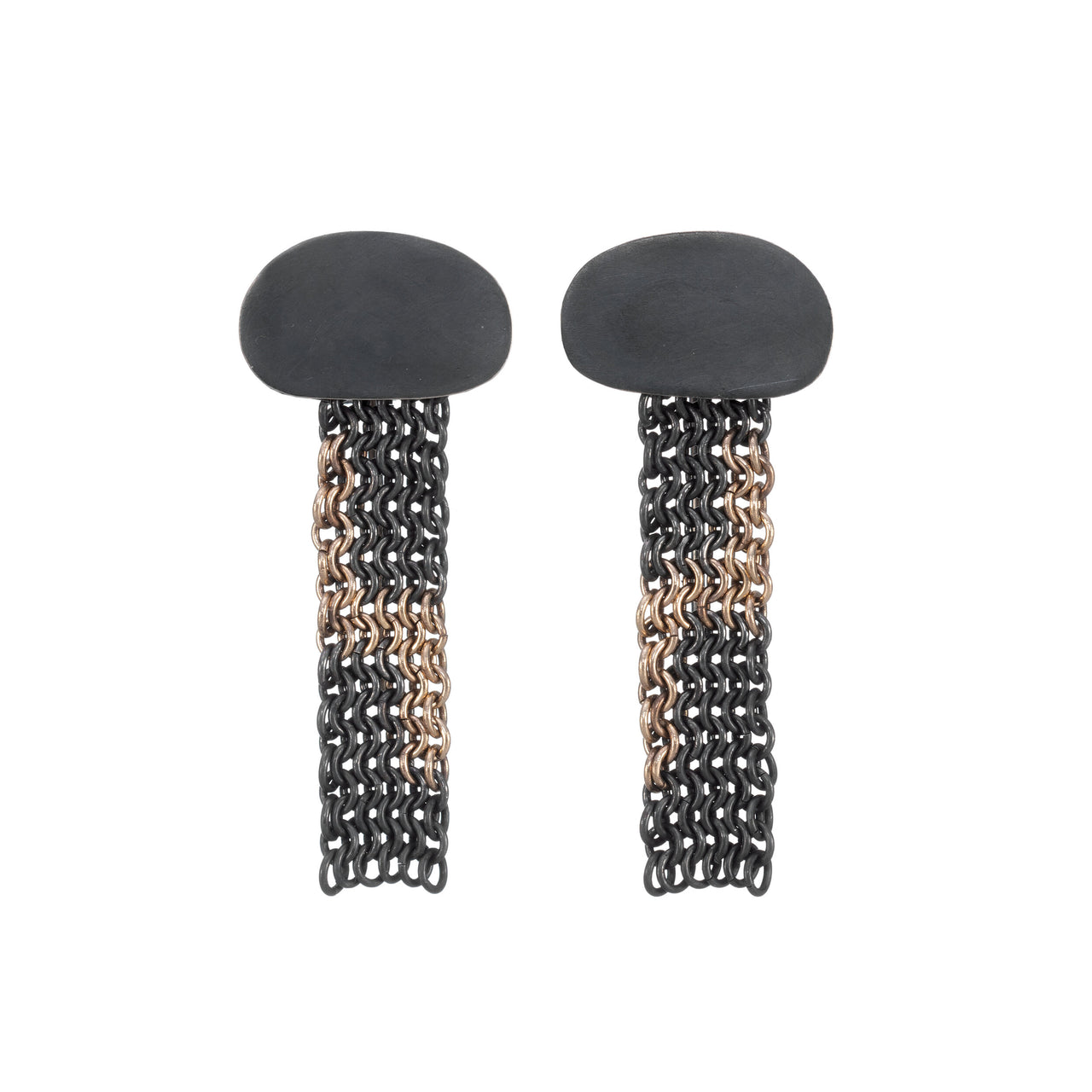 ThunderBolt earrings hook backs contemporary chainmail handcrafted recycled oxidised silver and 18ct yellow gold chains by Corrinne Eira Evans