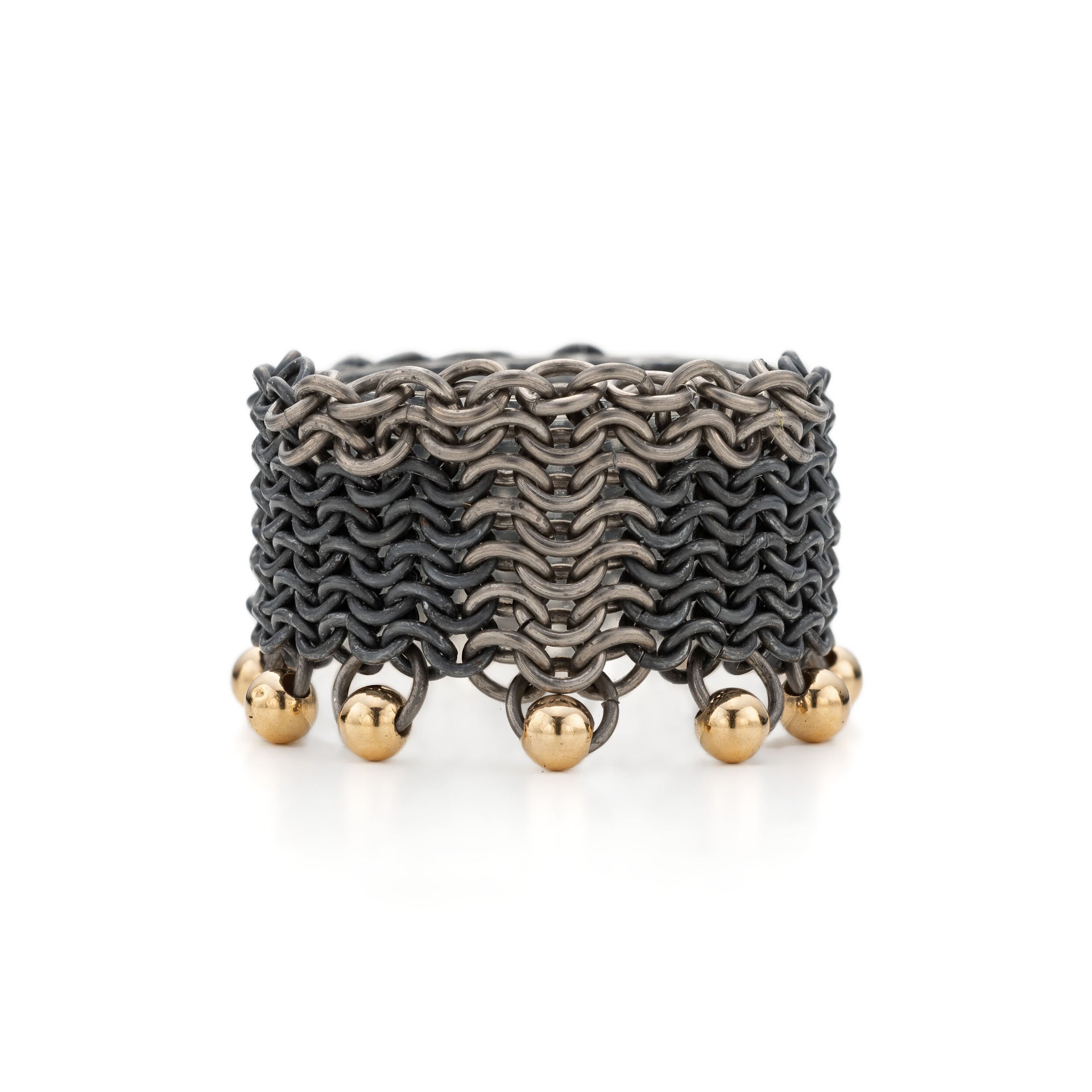 ThunderBolt || ring handmade contemporary chainmail ring handcrafted titanium, recycled oxidised silver and 18ct yellow gold chains by Corrinne Eira Evans
