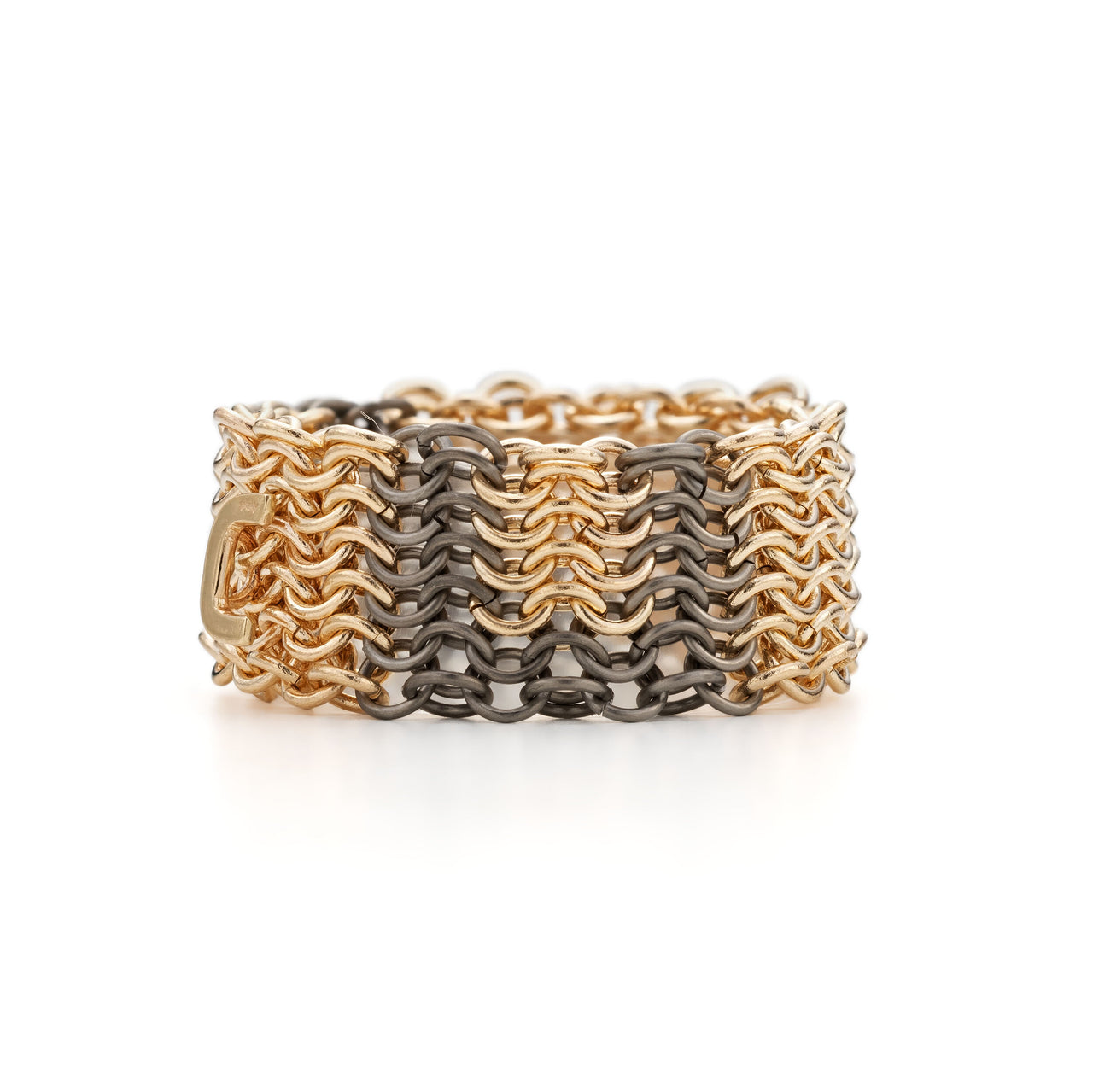 'U' recycled 18ct yellow gold and titanium ring handcrafted contemporary chainmail jewellery chain ring by Corrinne Eira Evans