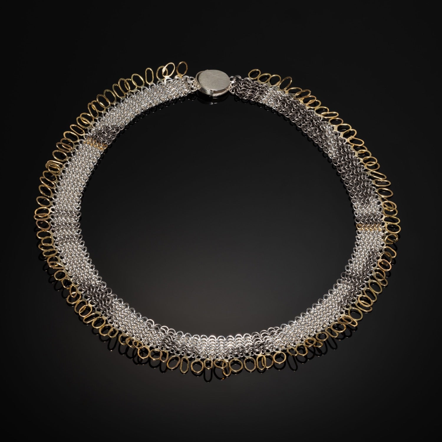Wild Grasses Collection, handcrafted chainmail in recycled silver, 18ct yellow gold and titanium by Corrinne Eira evans chainmail necklace