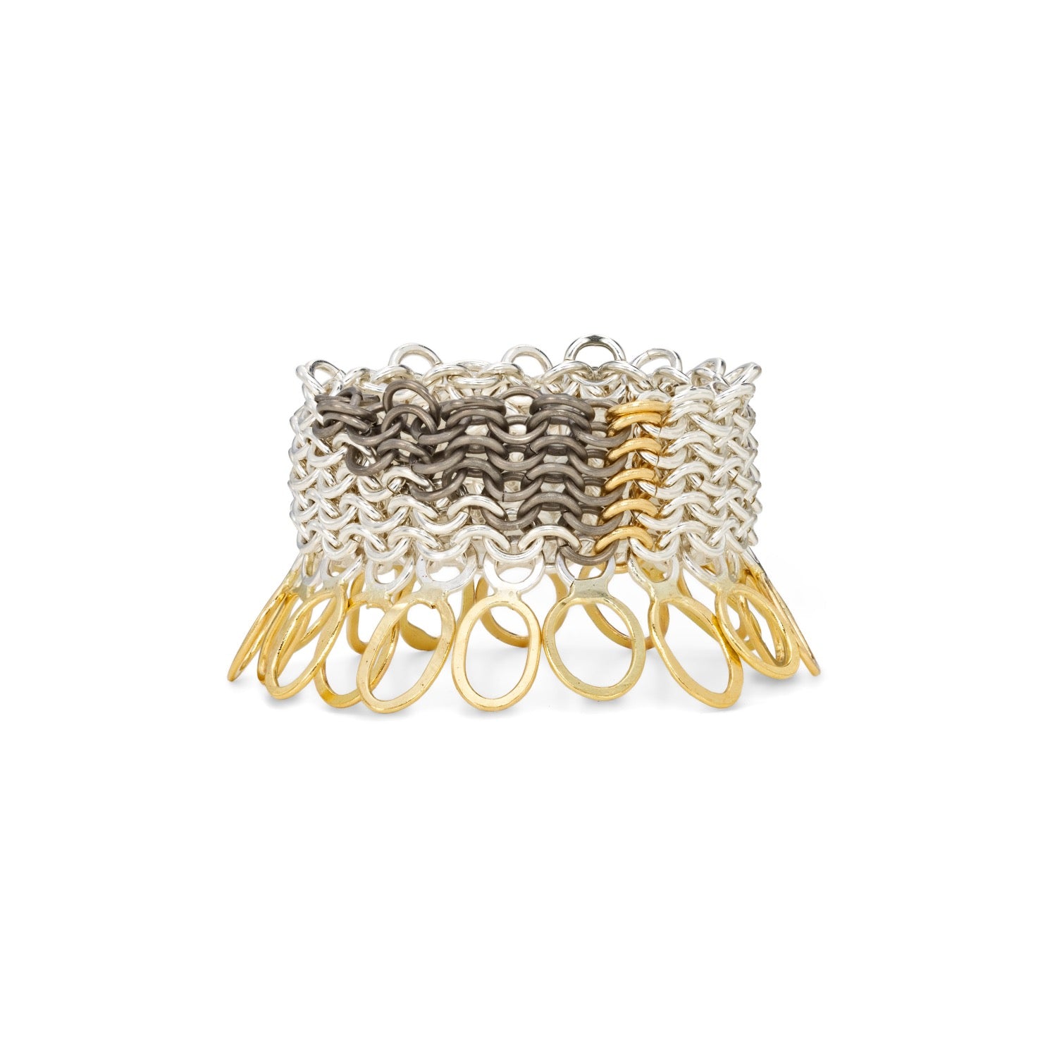 Wild Grasses Collection, handcrafted chainmail in recycled silver, 18ct yellow gold and titanium by Corrinne Eira Evans chainmail ring